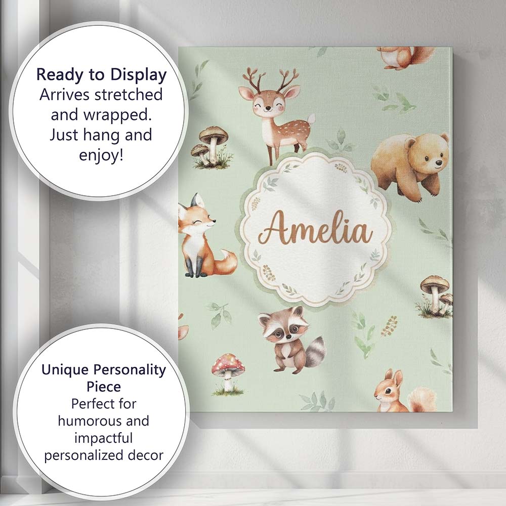Personalised Name Forest Animals Bear Deer Custom Unique Gift Idea Elegant Feature Canvas Wall Art Print Decor Picture Ready to Hang