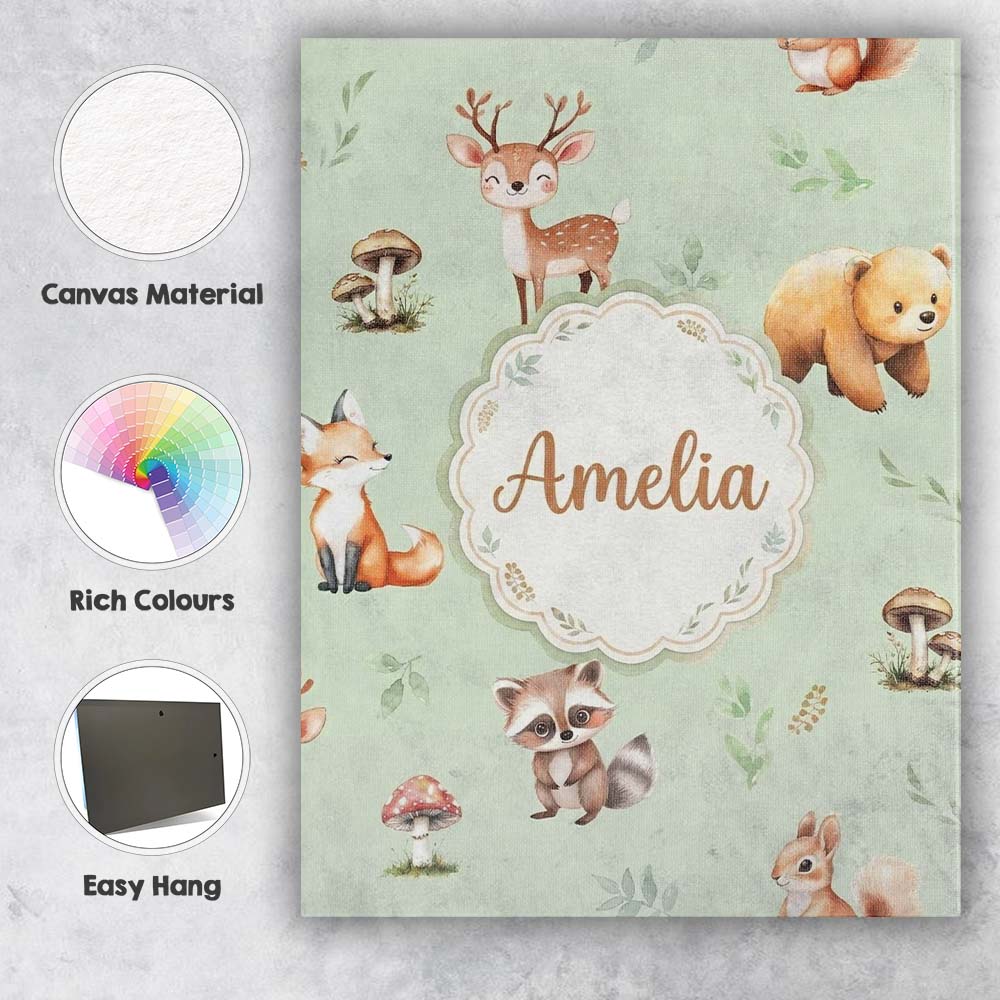 Personalised Name Forest Animals Bear Deer Custom Unique Gift Idea Elegant Feature Canvas Wall Art Print Decor Picture Ready to Hang