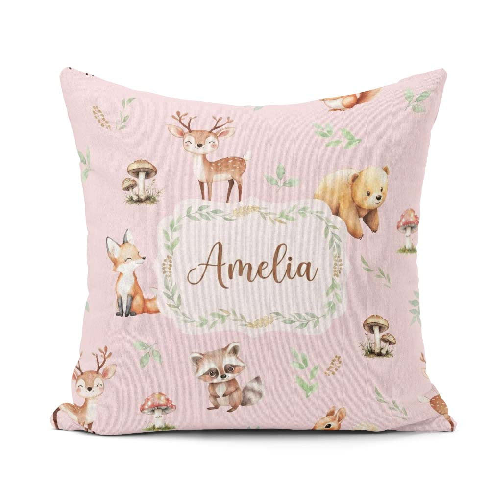 Custom Name Forest Animals Bear Deer Fox Owl Raccoon on Seamless Square Filled Cushion Throw Pillow Sofa Bed Home Decor Zip Washable UK Made