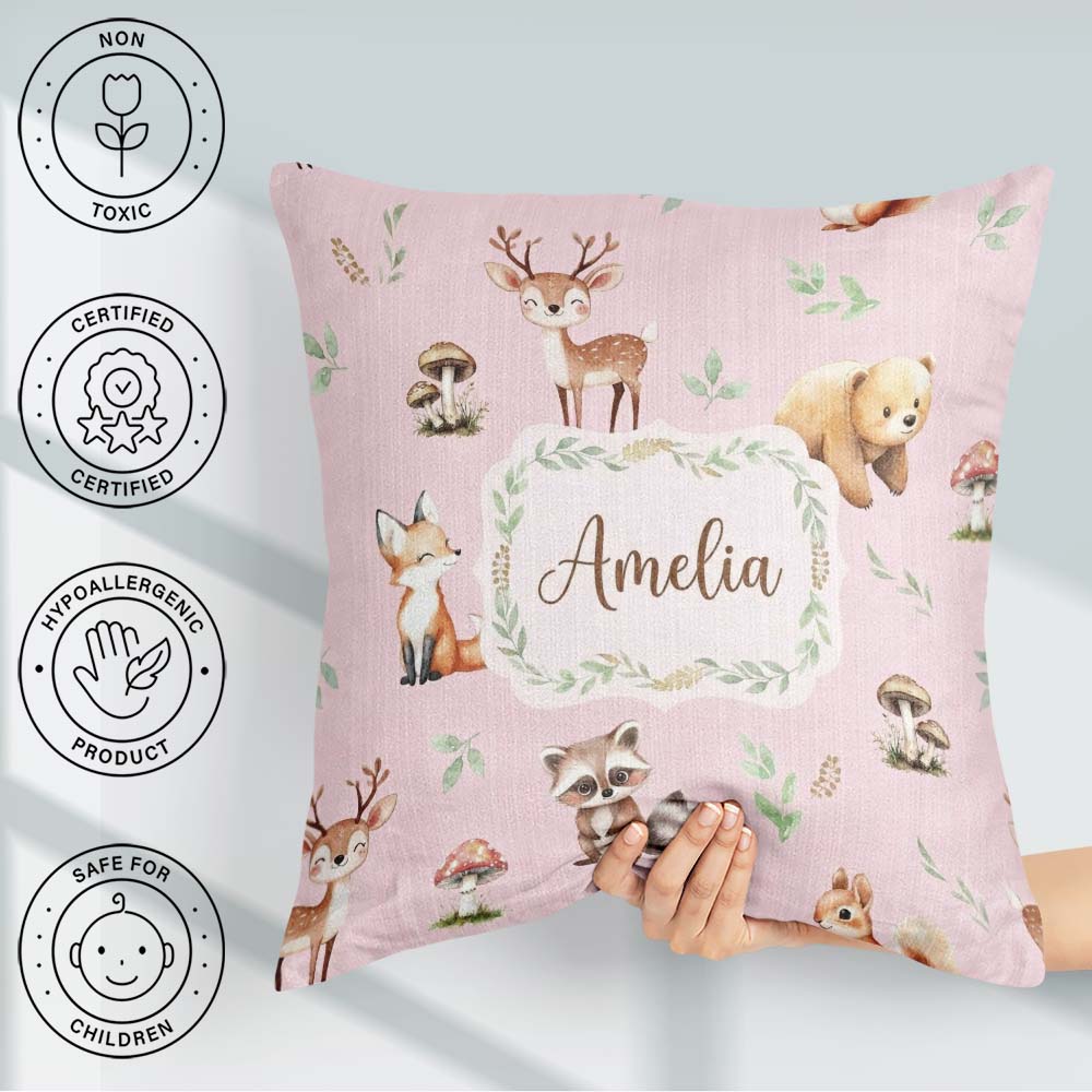 Custom Name Forest Animals Bear Deer Fox Owl Raccoon on Seamless Square Filled Cushion Throw Pillow Sofa Bed Home Decor Zip Washable UK Made