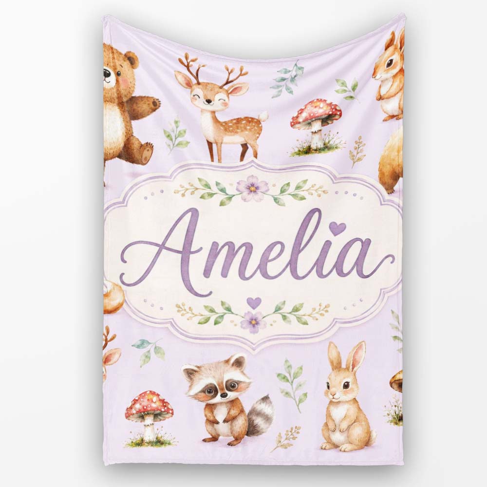Forest Animals Deer Bear Fox Owl Raccoon on Soft Lavender Seamless Personalised Custom Name Super Soft Fleece Blanket Bed Sofa Throw
