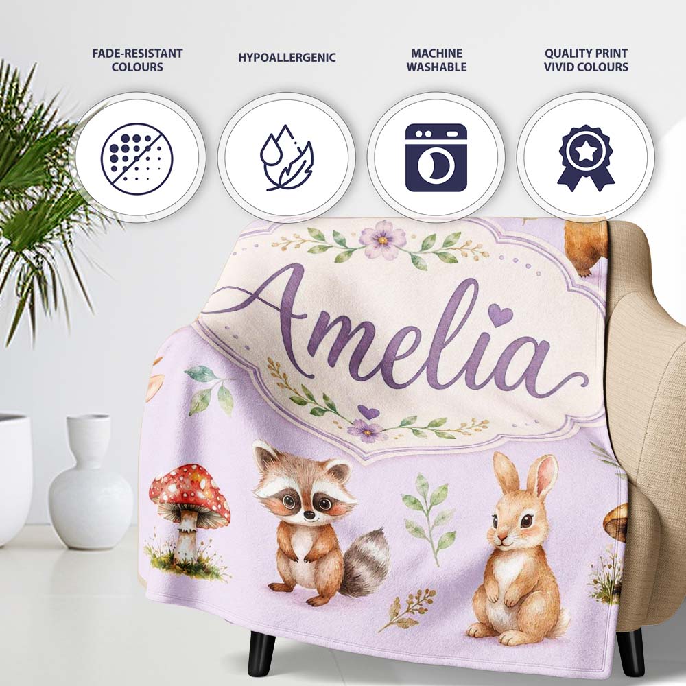 Forest Animals Deer Bear Fox Owl Raccoon on Soft Lavender Seamless Personalised Custom Name Super Soft Fleece Blanket Bed Sofa Throw