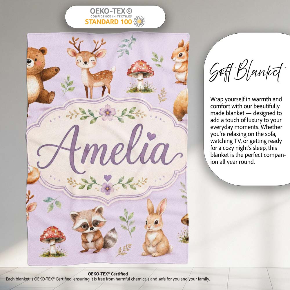 Forest Animals Deer Bear Fox Owl Raccoon on Soft Lavender Seamless Personalised Custom Name Super Soft Fleece Blanket Bed Sofa Throw