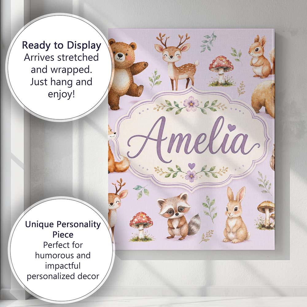 Personalised Name Forest Animals Deer Bear Custom Unique Gift Idea Elegant Feature Canvas Wall Art Print Decor Picture Ready to Hang