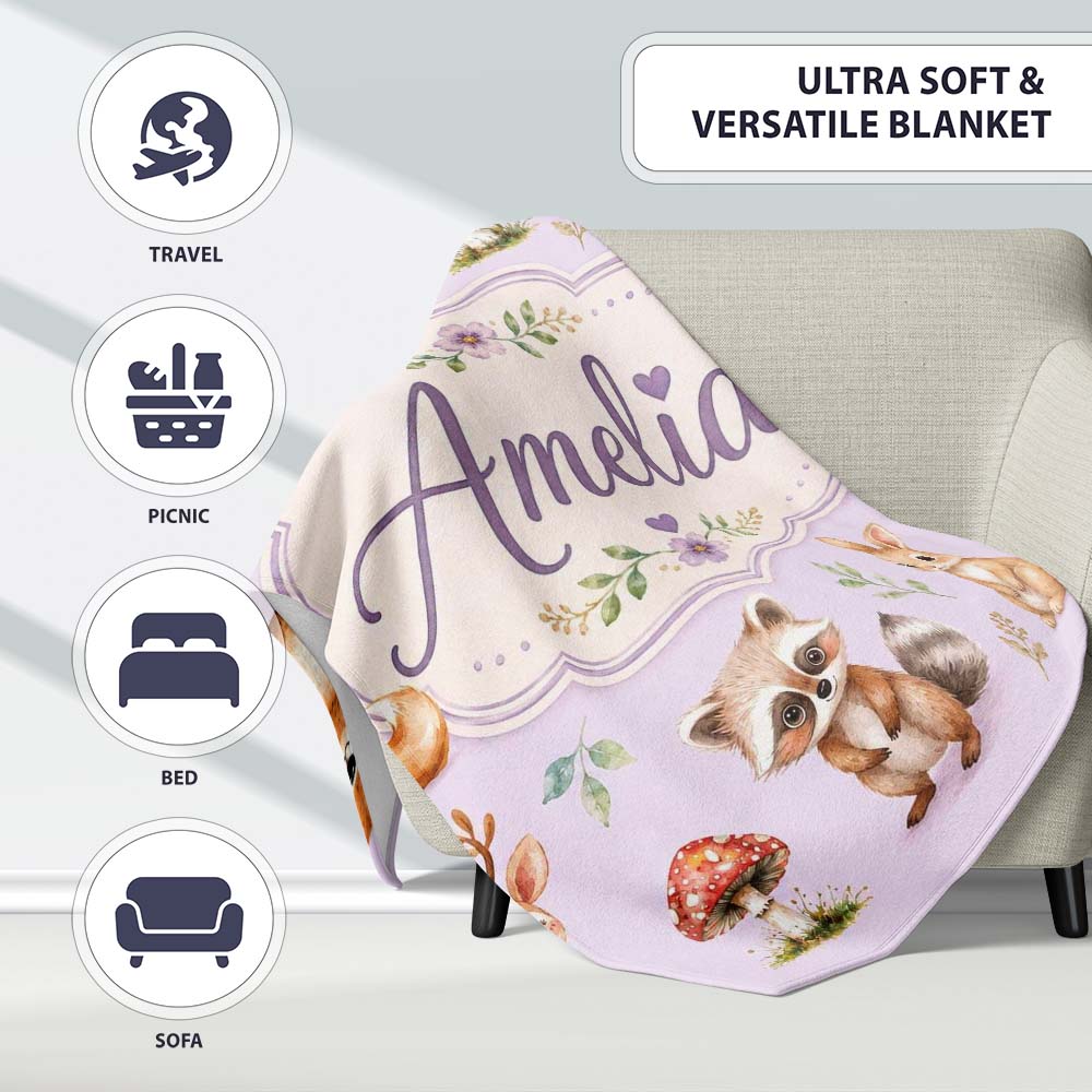 Forest Animals Deer Bear Fox Owl Raccoon on Soft Lavender Seamless Personalised Custom Name Super Soft Fleece Blanket Bed Sofa Throw