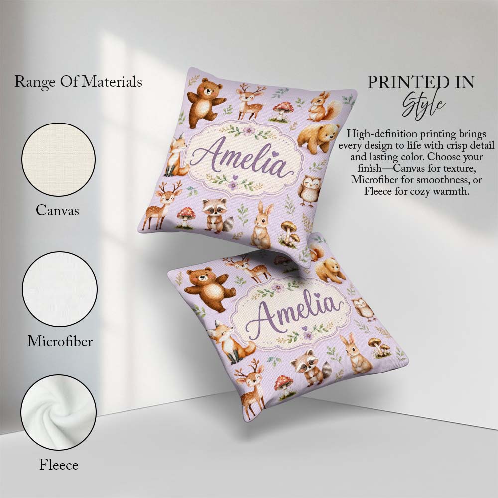 Custom Name Forest Animals Deer Bear Fox Owl Raccoon on Lavender Square Filled Cushion Throw Pillow Sofa Bed Home Decor Zip Washable UK Made