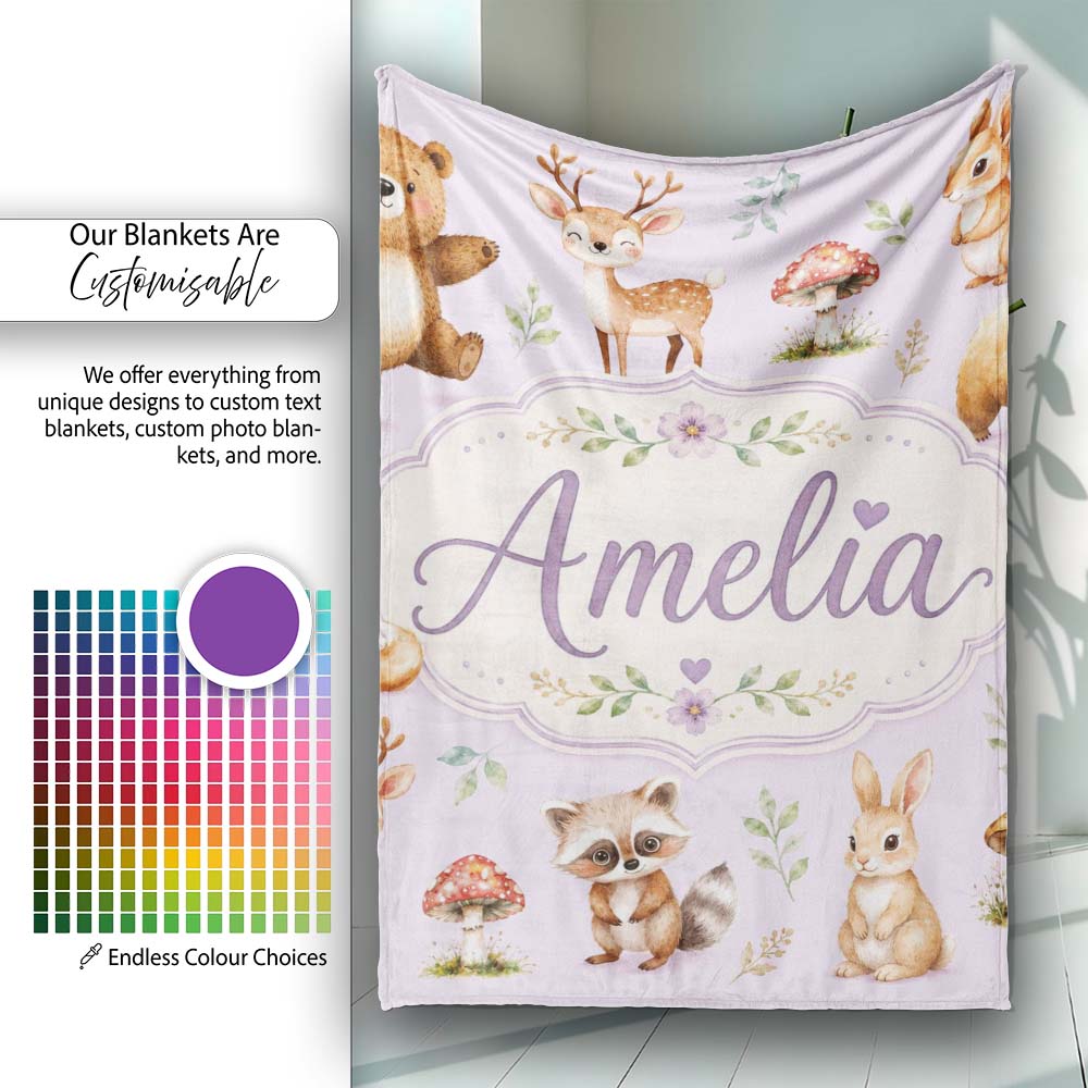 Forest Animals Deer Bear Fox Owl Raccoon on Soft Lavender Seamless Personalised Custom Name Super Soft Fleece Blanket Bed Sofa Throw