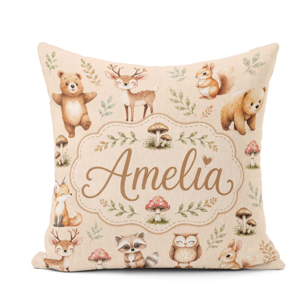 Custom Name Forest Animals Deer Bear Fox Owl Raccoon on Seamless Square Filled Cushion Throw Pillow Sofa Bed Home Decor Zip Washable UK Made