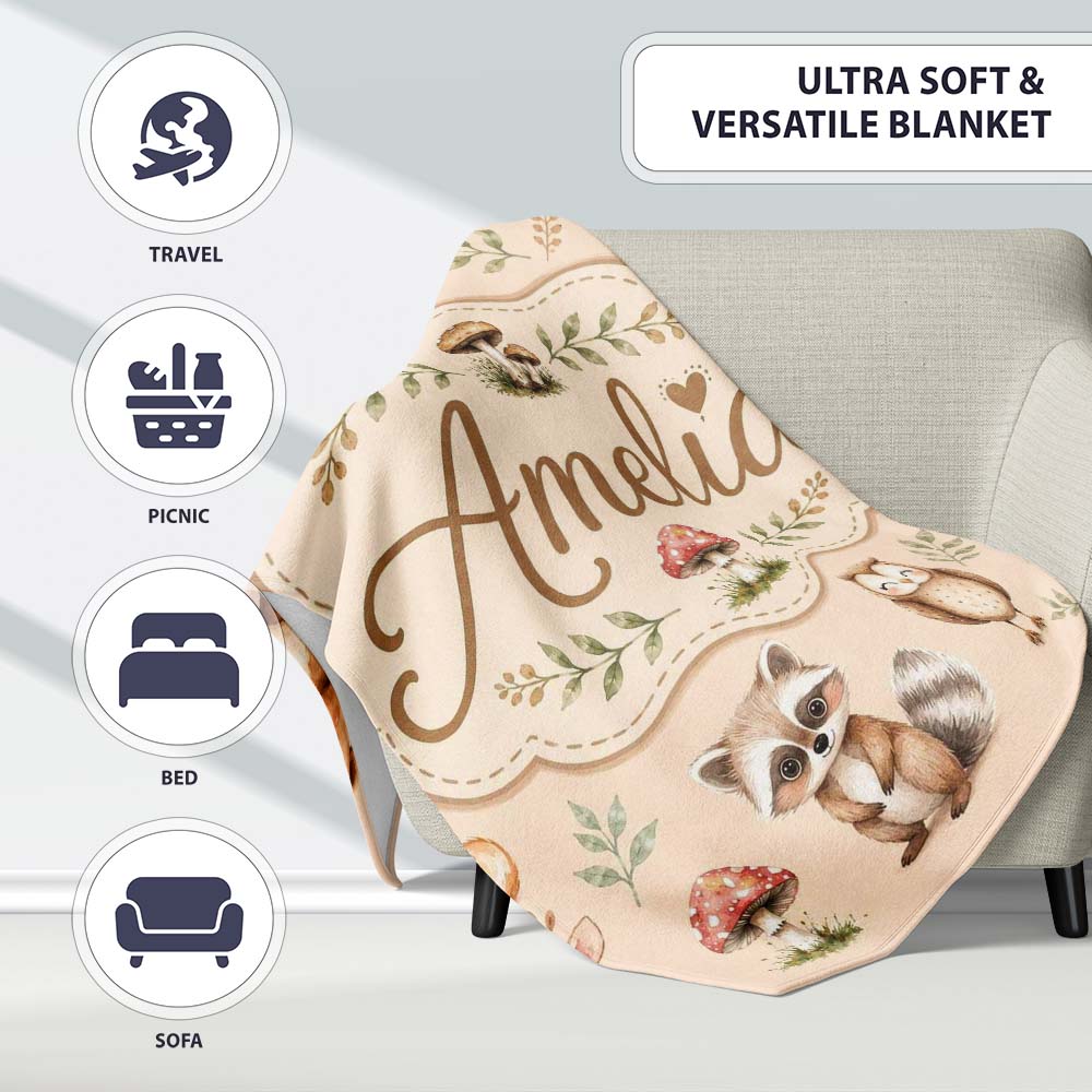 Forest Animals Deer Bear Fox Owl Raccoon on Warm Beige Seamless Personalised Custom Name Super Soft Fleece Blanket Bed Sofa Throw