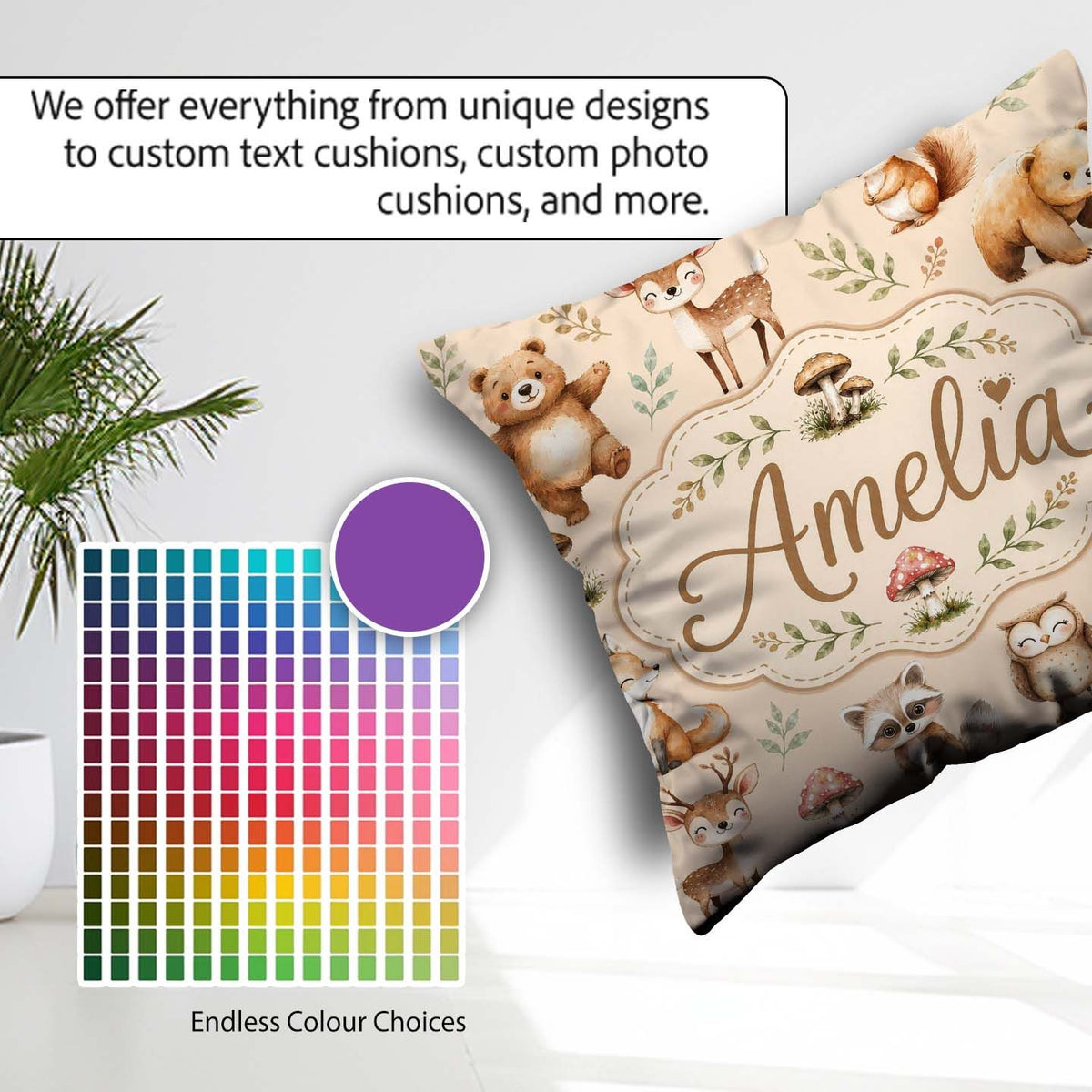 Custom Name Forest Animals Deer Bear Fox Owl Raccoon on Seamless Square Filled Cushion Throw Pillow Sofa Bed Home Decor Zip Washable UK Made
