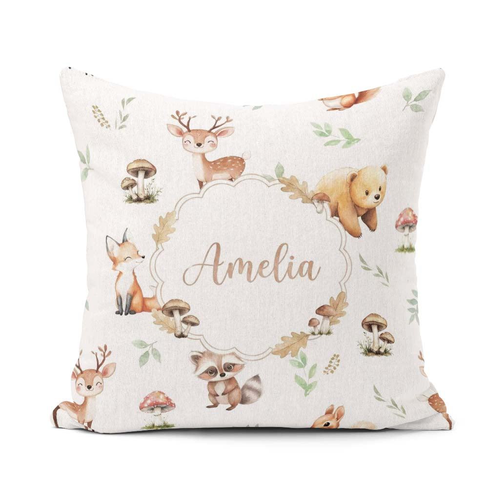 Custom Name Forest Animals Deer Bear Fox Owl Raccoon on Seamless Square Filled Cushion Throw Pillow Sofa Bed Home Decor Zip Washable UK Made