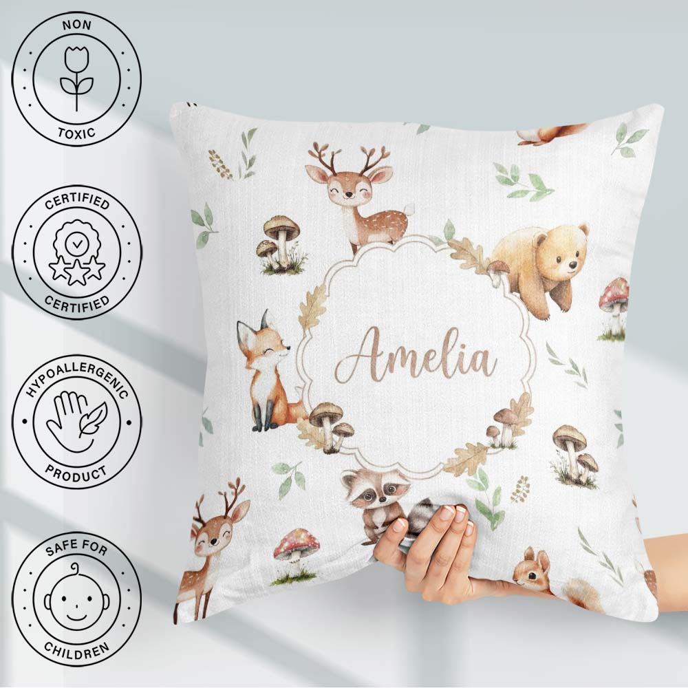 Custom Name Forest Animals Deer Bear Fox Owl Raccoon on Seamless Square Filled Cushion Throw Pillow Sofa Bed Home Decor Zip Washable UK Made