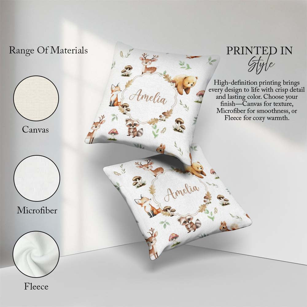 Custom Name Forest Animals Deer Bear Fox Owl Raccoon on Seamless Square Filled Cushion Throw Pillow Sofa Bed Home Decor Zip Washable UK Made