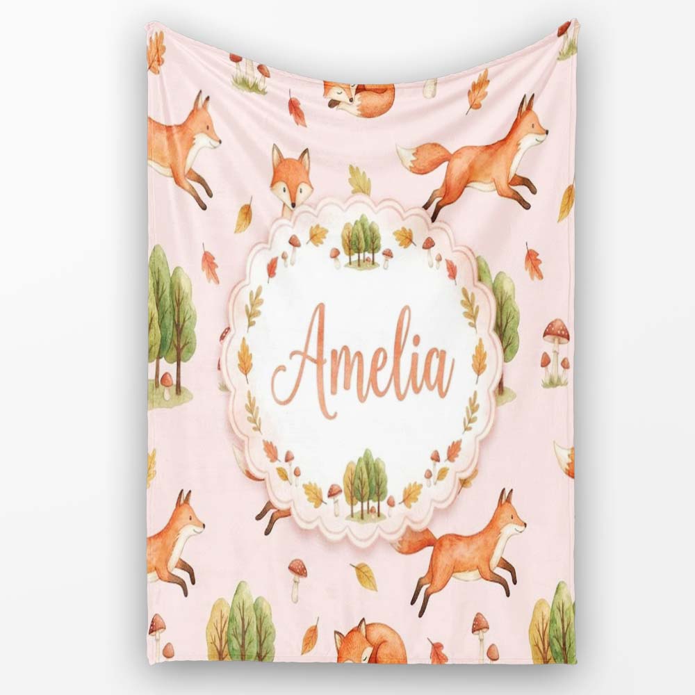 Woodland Fox with Trees Leaves Mushrooms Soft Blush Seamless Personalised Custom Name Super Soft Fleece Blanket Bed Sofa Throw