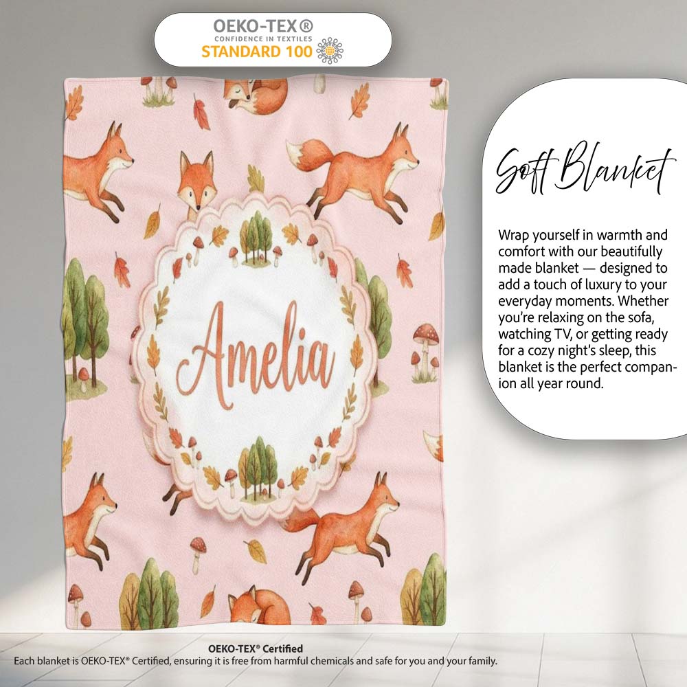 Woodland Fox with Trees Leaves Mushrooms Soft Blush Seamless Personalised Custom Name Super Soft Fleece Blanket Bed Sofa Throw