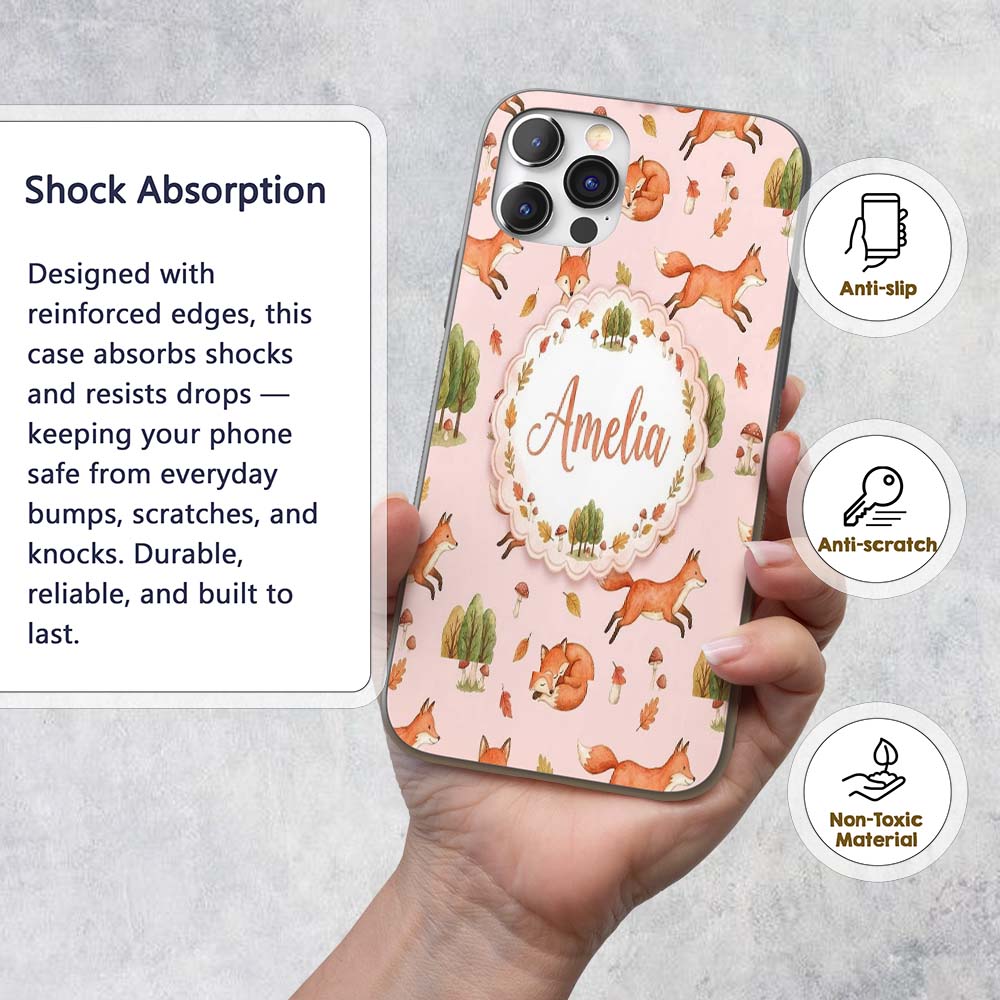Woodland Fox with Trees Leaves Mushrooms Soft Custom Name Protective Phone Case Mobile Cover Durable Everyday Smartphone Shock Resistant