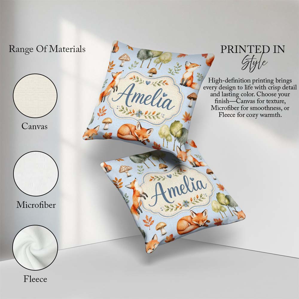 Custom Name Woodland Fox with Trees Mushrooms Soft Blue Seamless Square Filled Cushion Throw Pillow Sofa Bed Home Decor Zip Washable UK Made