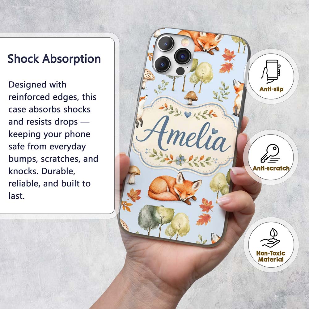 Woodland Fox with Trees Leaves Mushrooms Soft Custom Name Protective Phone Case Mobile Cover Durable Everyday Smartphone Shock Resistant