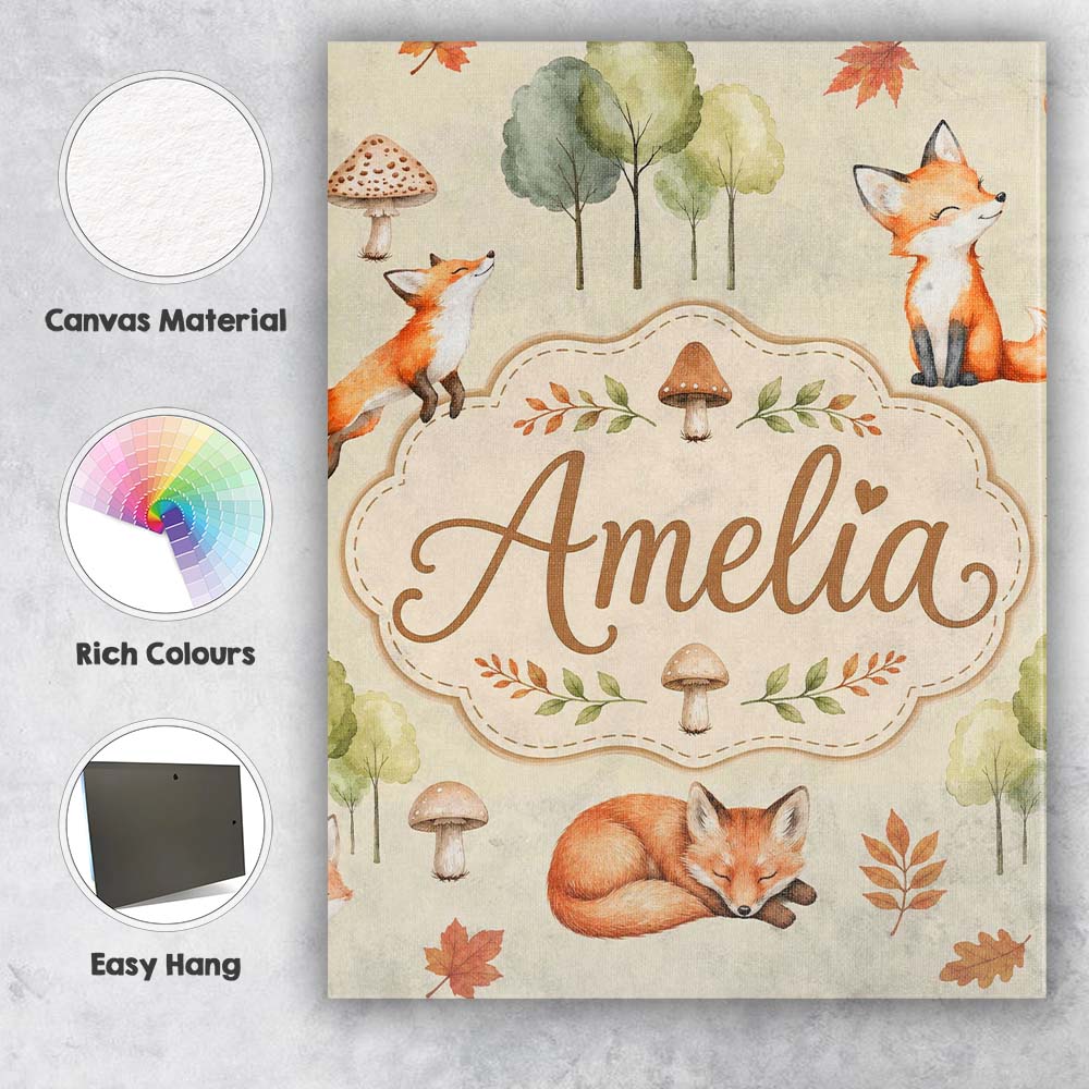 Personalised Name Woodland Fox with Trees Custom Unique Gift Idea Elegant Feature Canvas Wall Art Print Decor Picture Ready to Hang