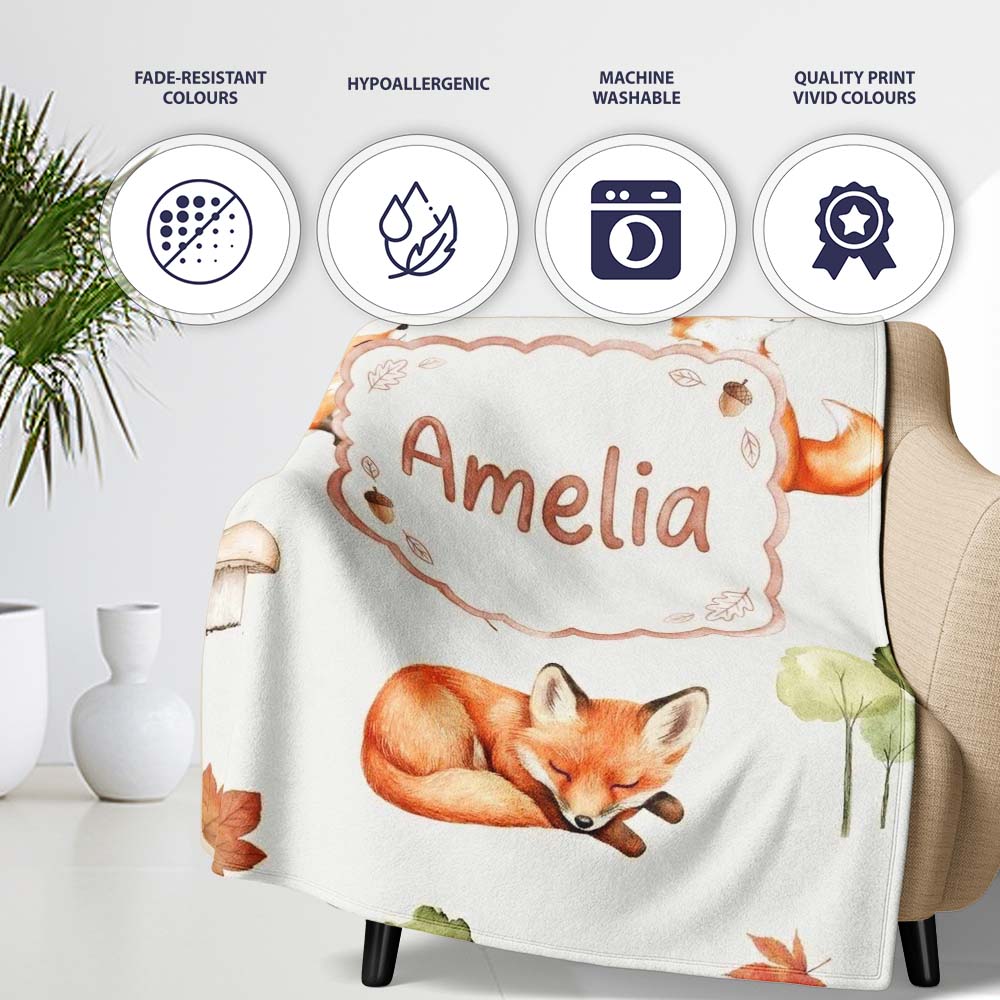 Woodland Fox with Trees Leaves Mushrooms Soft Grey Seamless Pattern Personalised Custom Name Super Soft Fleece Blanket Bed Sofa Throw