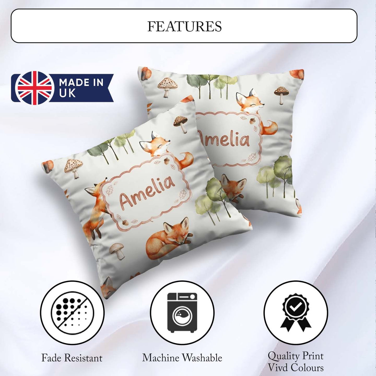 Custom Name Woodland Fox with Trees Mushrooms Soft Grey Seamless Square Filled Cushion Throw Pillow Sofa Bed Home Decor Zip Washable UK Made