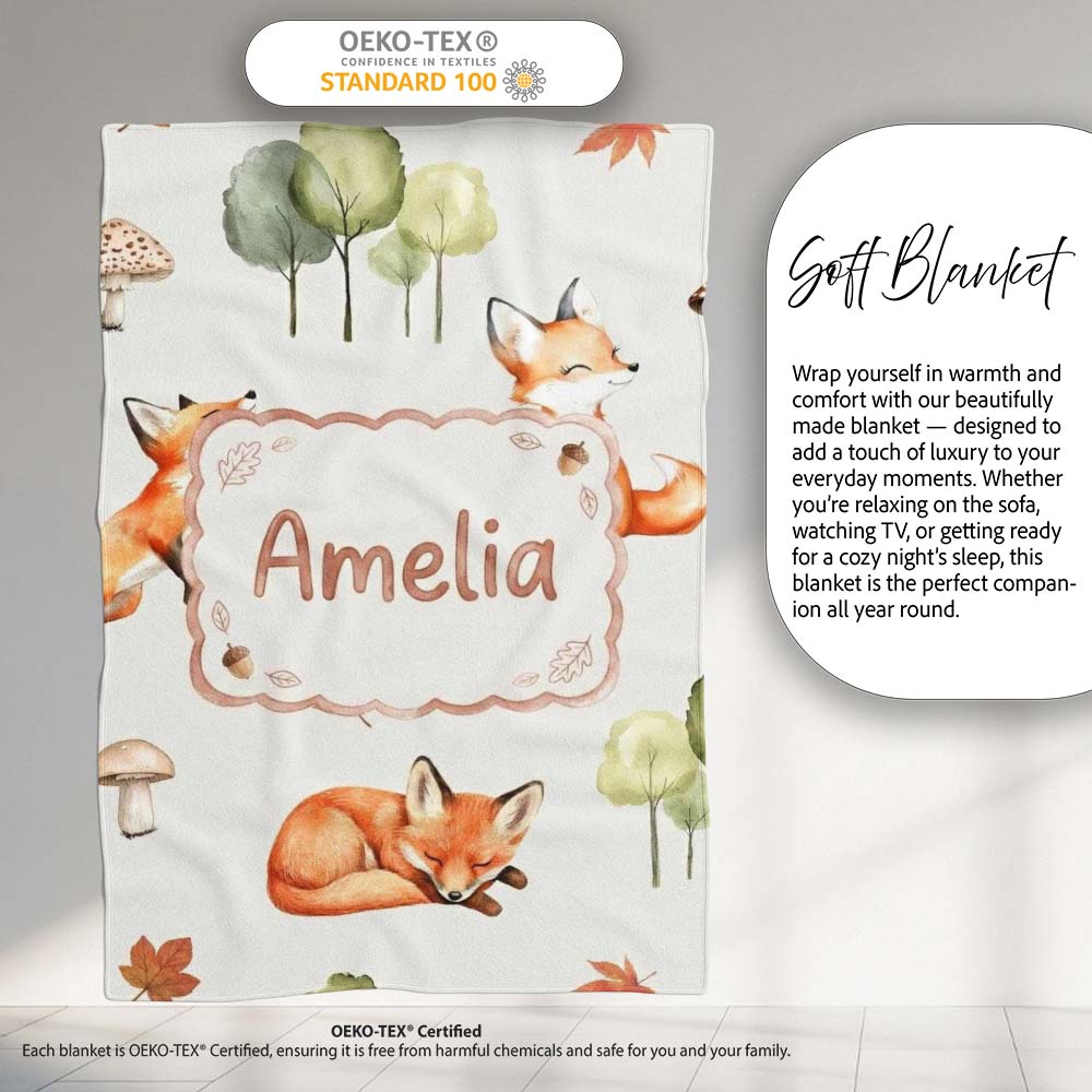 Woodland Fox with Trees Leaves Mushrooms Soft Grey Seamless Pattern Personalised Custom Name Super Soft Fleece Blanket Bed Sofa Throw