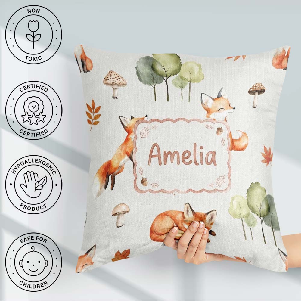 Custom Name Woodland Fox with Trees Mushrooms Soft Grey Seamless Square Filled Cushion Throw Pillow Sofa Bed Home Decor Zip Washable UK Made