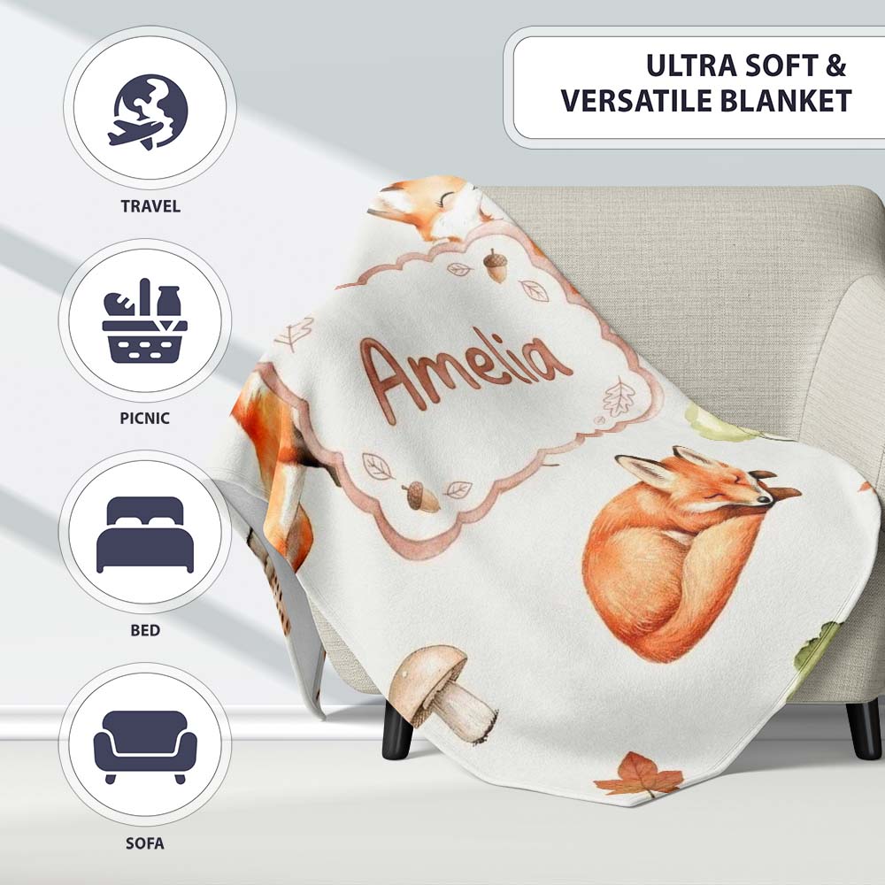 Woodland Fox with Trees Leaves Mushrooms Soft Grey Seamless Pattern Personalised Custom Name Super Soft Fleece Blanket Bed Sofa Throw
