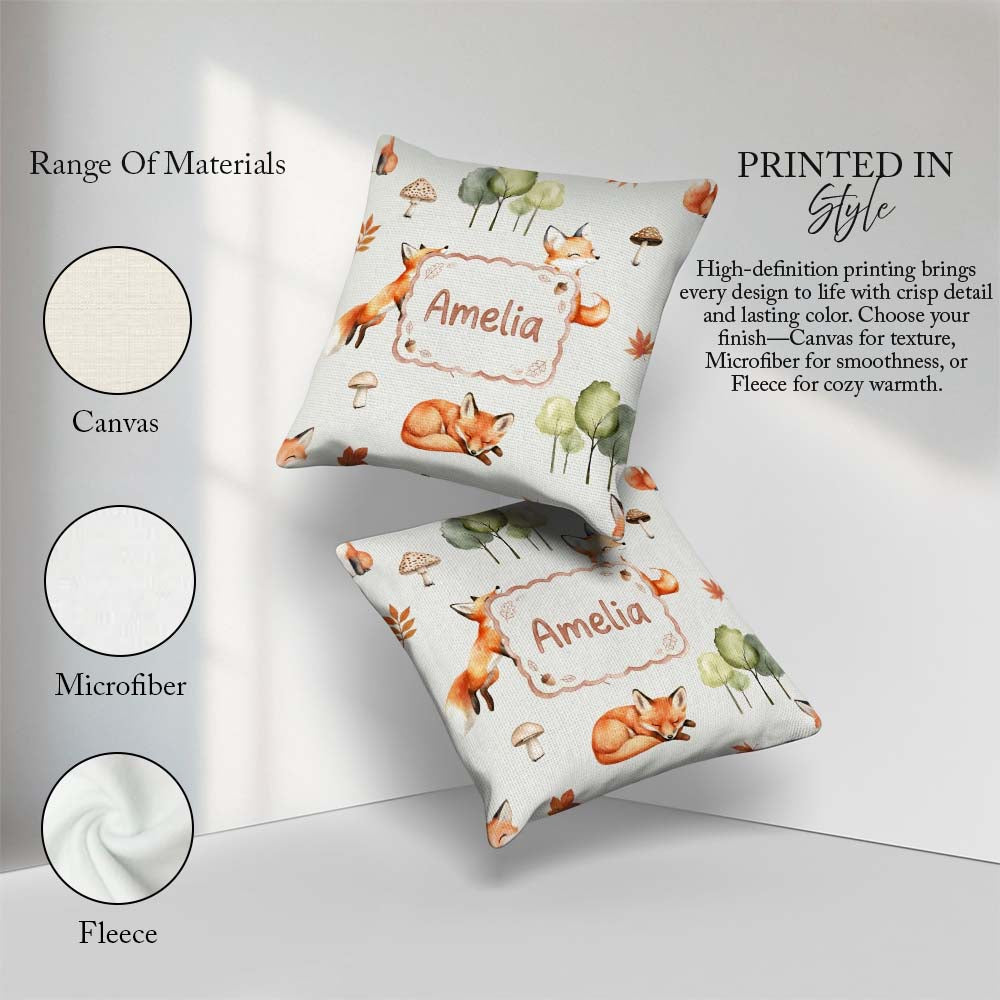 Custom Name Woodland Fox with Trees Mushrooms Soft Grey Seamless Square Filled Cushion Throw Pillow Sofa Bed Home Decor Zip Washable UK Made