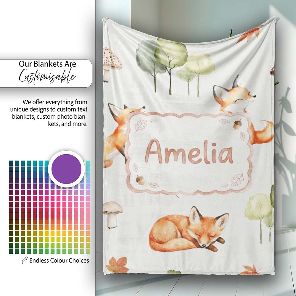 Woodland Fox with Trees Leaves Mushrooms Soft Grey Seamless Pattern Personalised Custom Name Super Soft Fleece Blanket Bed Sofa Throw