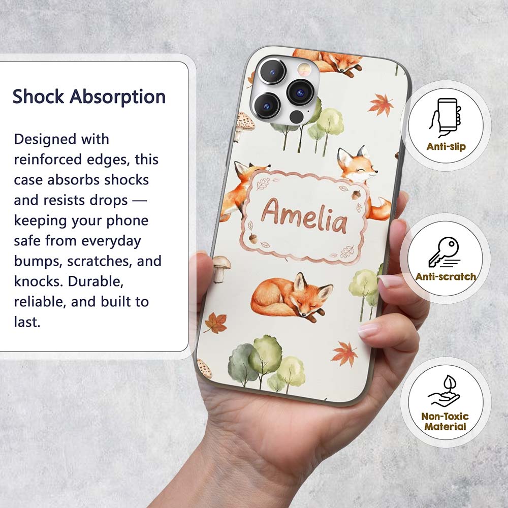 Woodland Fox with Trees Leaves Mushrooms Soft Custom Name Protective Phone Case Mobile Cover Durable Everyday Smartphone Shock Resistant