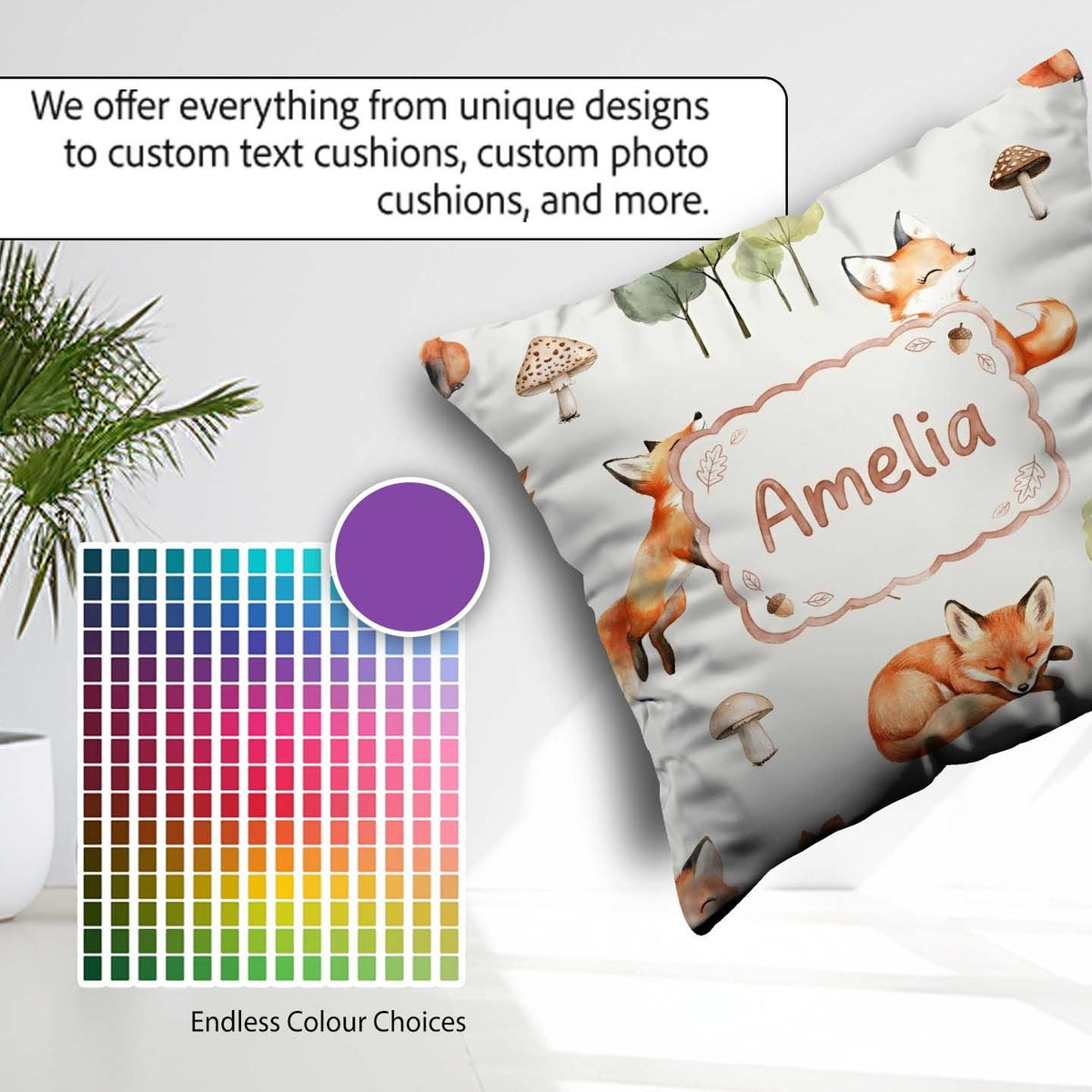 Custom Name Woodland Fox with Trees Mushrooms Soft Grey Seamless Square Filled Cushion Throw Pillow Sofa Bed Home Decor Zip Washable UK Made