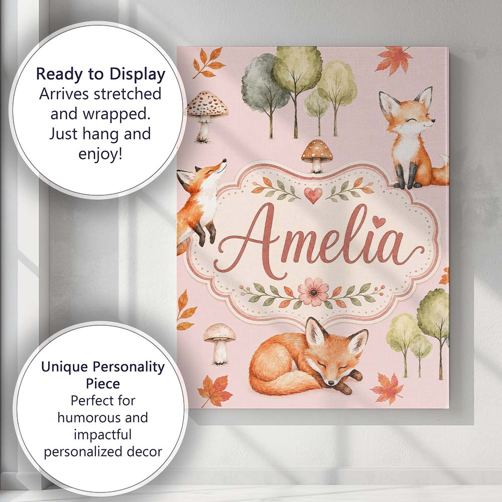 Personalised Name Woodland Fox with Trees Custom Unique Gift Idea Elegant Feature Canvas Wall Art Print Decor Picture Ready to Hang