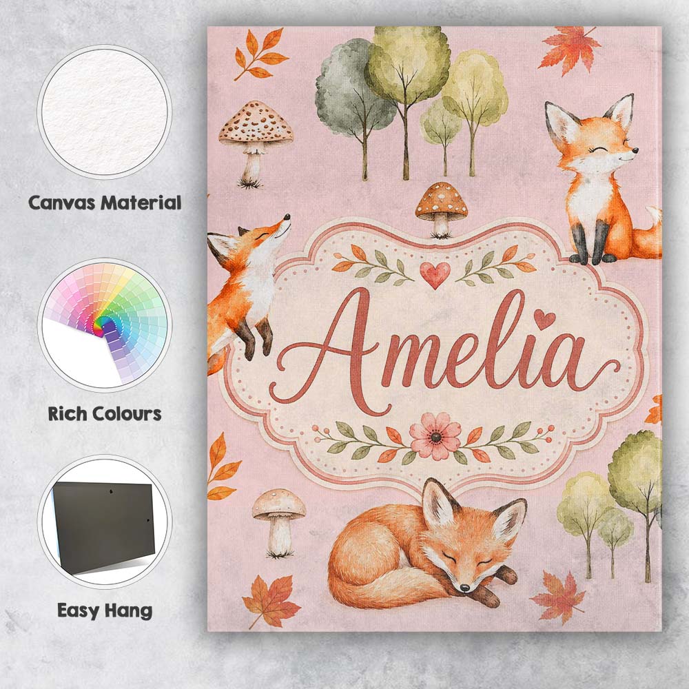 Personalised Name Woodland Fox with Trees Custom Unique Gift Idea Elegant Feature Canvas Wall Art Print Decor Picture Ready to Hang