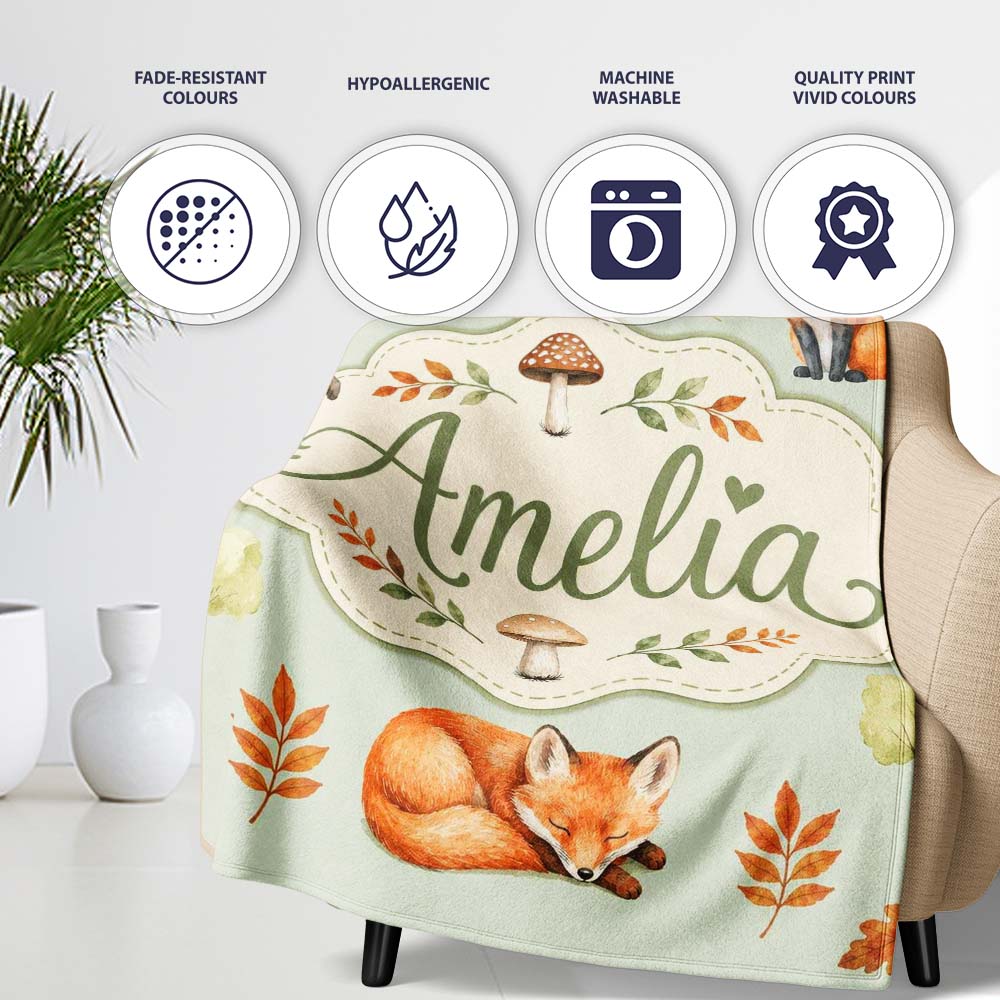 Woodland Fox with Trees Leaves Mushrooms Soft Green Seamless Personalised Custom Name Super Soft Fleece Blanket Bed Sofa Throw