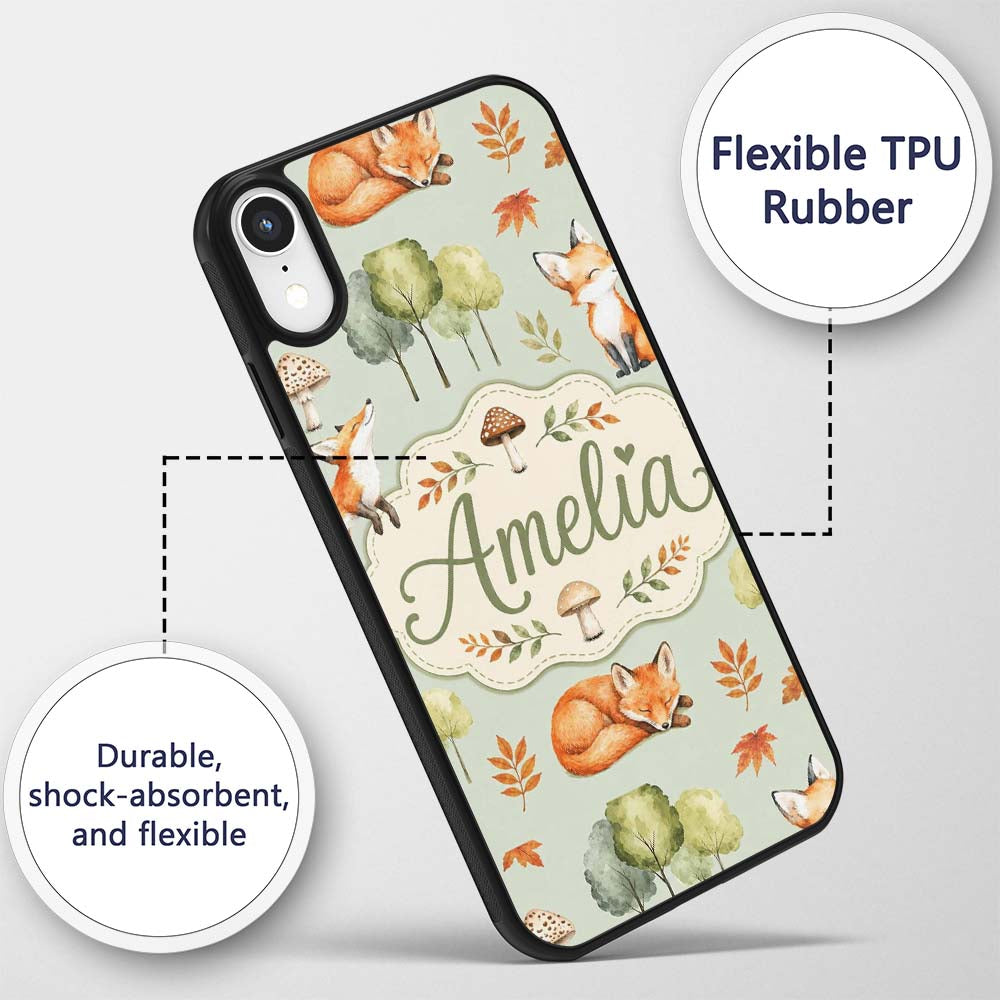 Woodland Fox with Trees Leaves Mushrooms Soft Custom Name Protective Phone Case Mobile Cover Durable Everyday Smartphone Shock Resistant