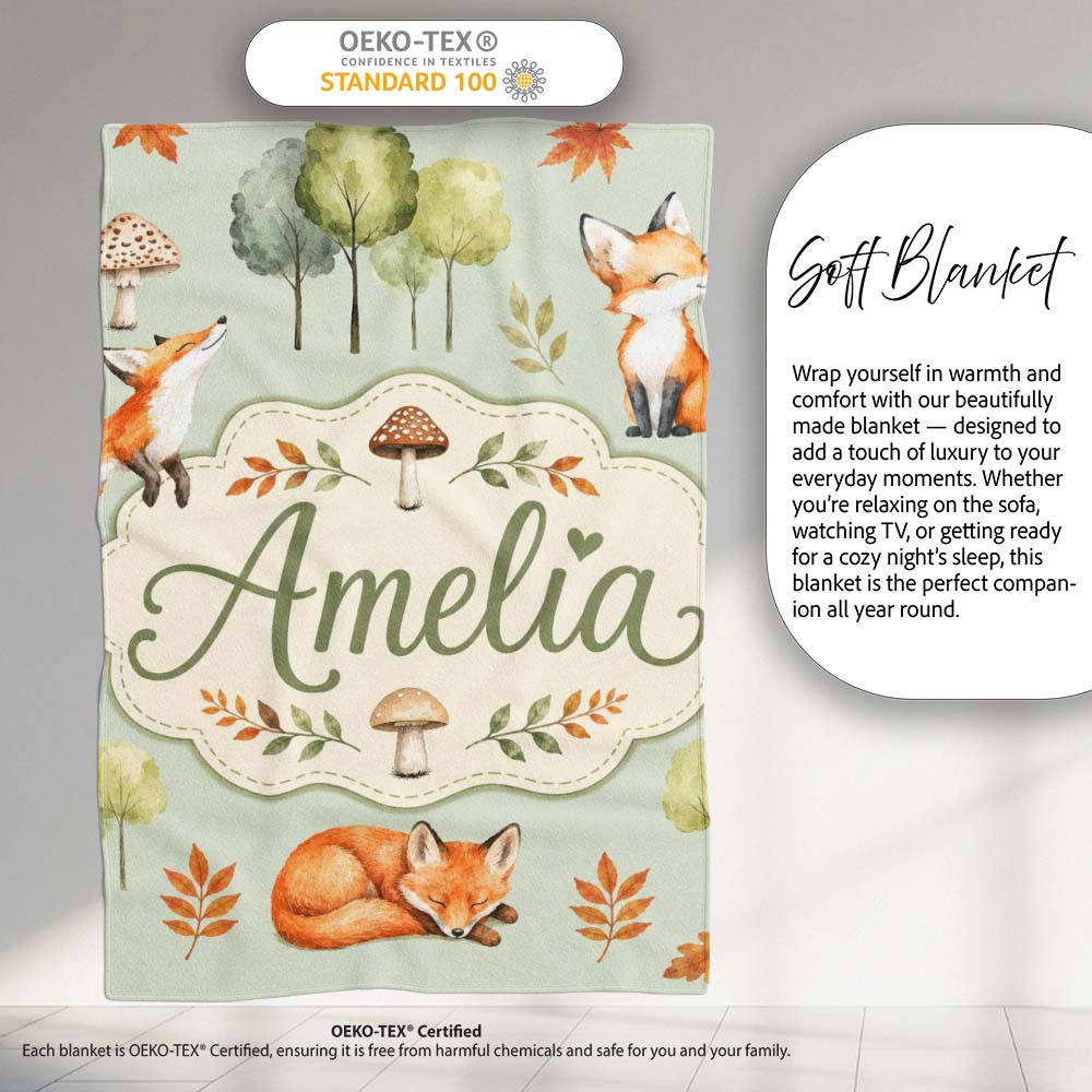 Woodland Fox with Trees Leaves Mushrooms Soft Green Seamless Personalised Custom Name Super Soft Fleece Blanket Bed Sofa Throw
