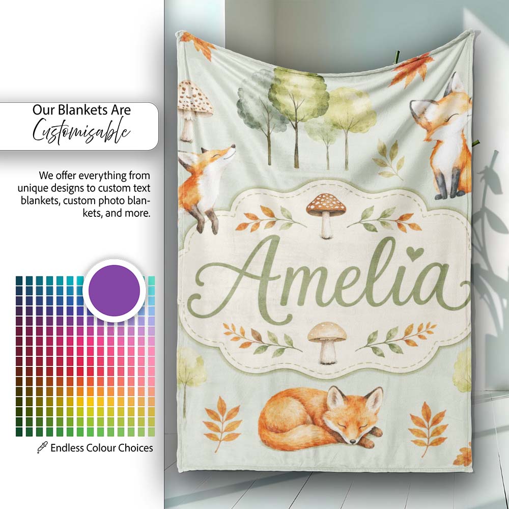 Woodland Fox with Trees Leaves Mushrooms Soft Green Seamless Personalised Custom Name Super Soft Fleece Blanket Bed Sofa Throw
