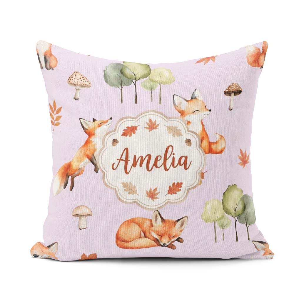 Custom Name Woodland Fox with Leaves Mushrooms Lavender Seamless Square Filled Cushion Throw Pillow Sofa Bed Home Decor Zip Washable UK Made