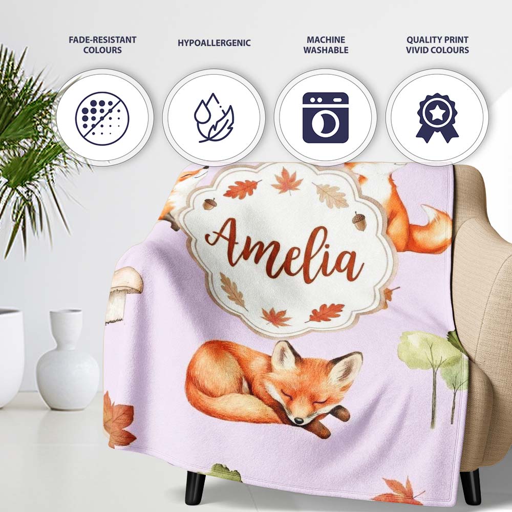 Woodland Fox with Trees Leaves Mushrooms Soft Lavender Seamless Personalised Custom Name Super Soft Fleece Blanket Bed Sofa Throw