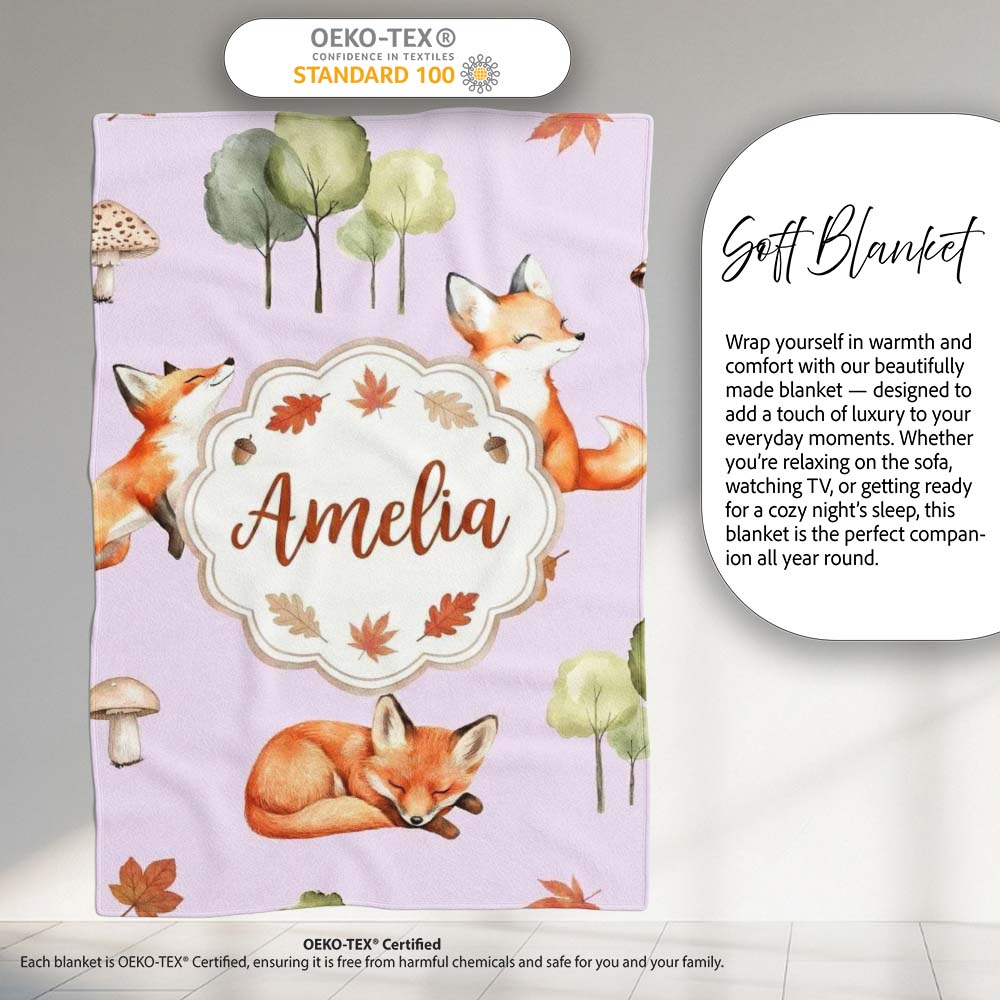 Woodland Fox with Trees Leaves Mushrooms Soft Lavender Seamless Personalised Custom Name Super Soft Fleece Blanket Bed Sofa Throw