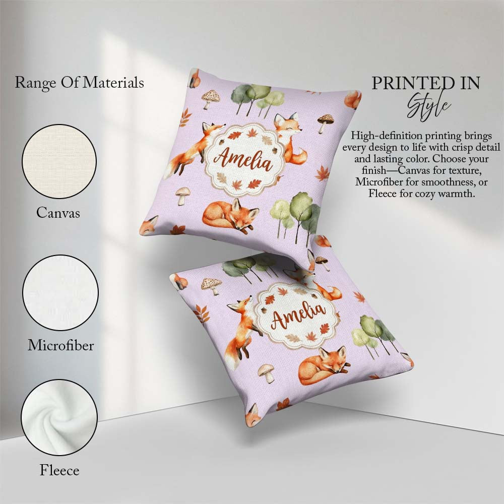 Custom Name Woodland Fox with Leaves Mushrooms Lavender Seamless Square Filled Cushion Throw Pillow Sofa Bed Home Decor Zip Washable UK Made