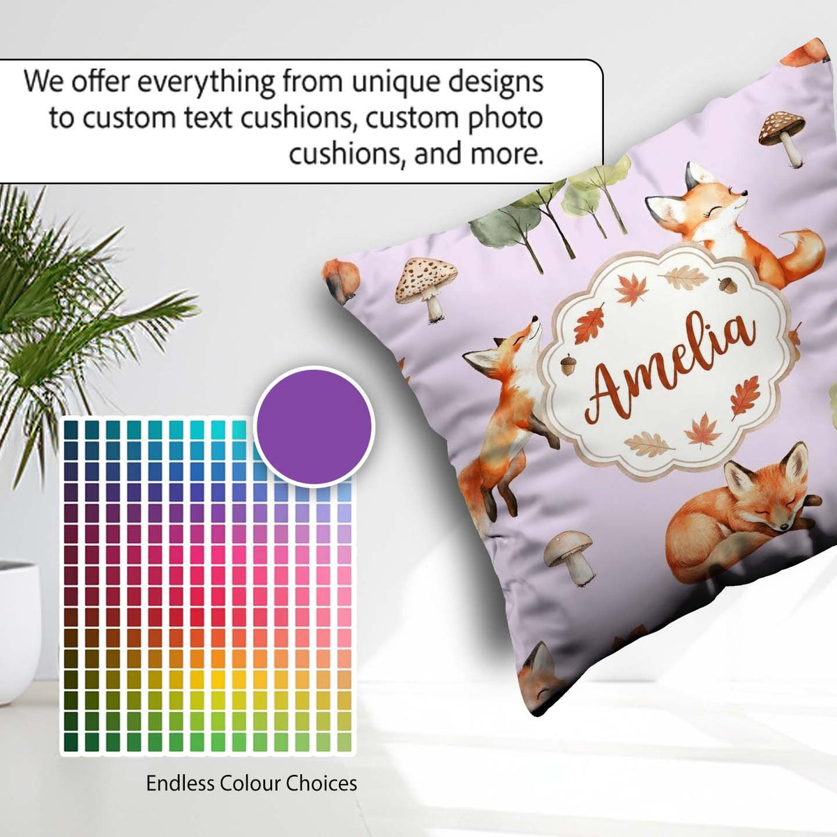 Custom Name Woodland Fox with Leaves Mushrooms Lavender Seamless Square Filled Cushion Throw Pillow Sofa Bed Home Decor Zip Washable UK Made