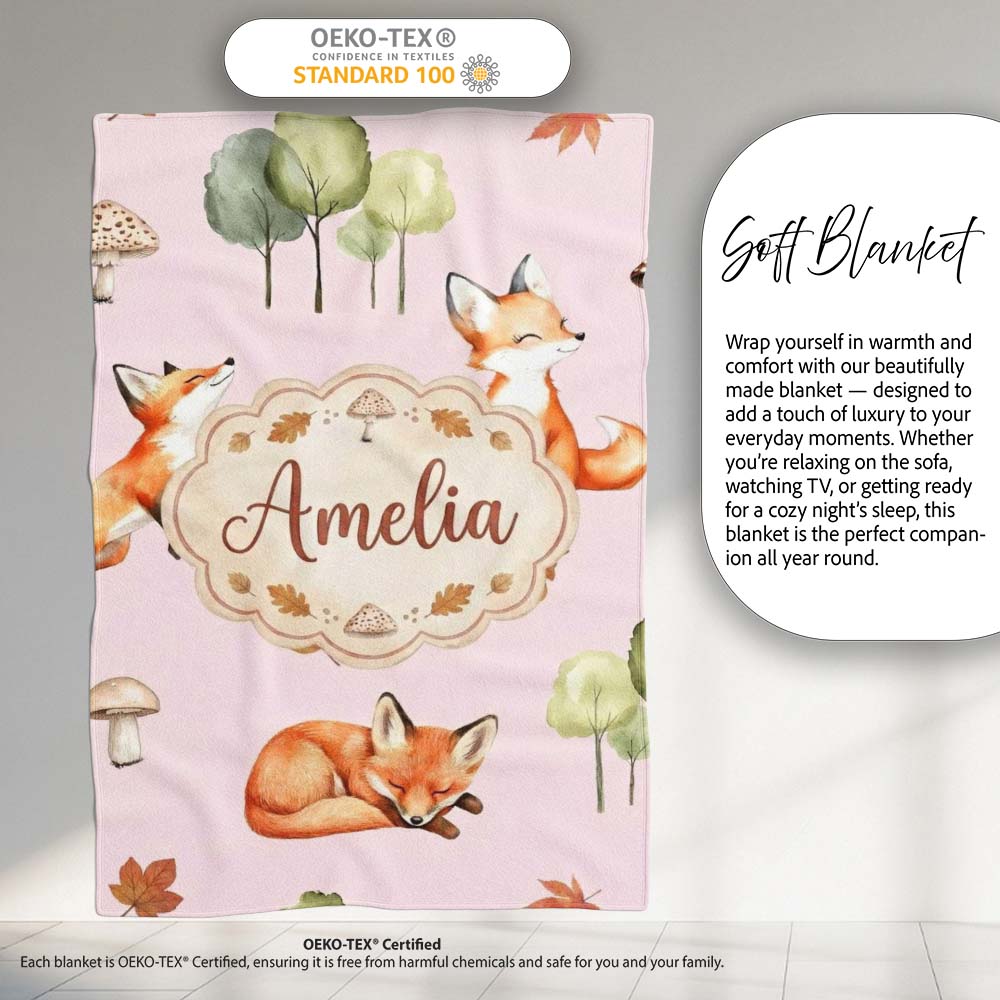 Woodland Fox with Trees Leaves Mushrooms Soft Blush Seamless Personalised Custom Name Super Soft Fleece Blanket Bed Sofa Throw