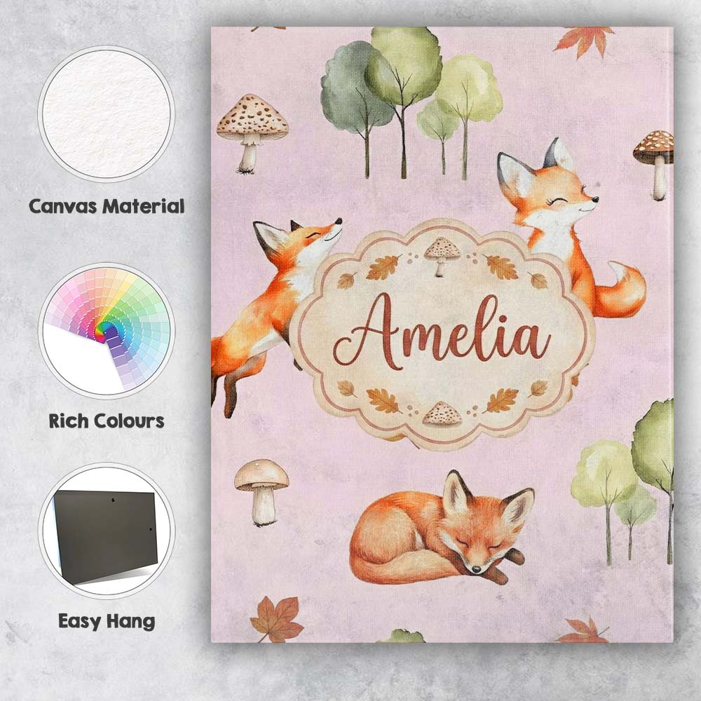 Personalised Name Woodland Fox with Trees Custom Unique Gift Idea Elegant Feature Canvas Wall Art Print Decor Picture Ready to Hang