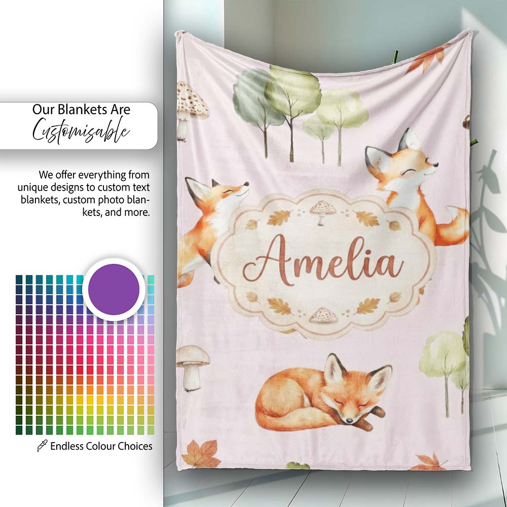 Woodland Fox with Trees Leaves Mushrooms Soft Blush Seamless Personalised Custom Name Super Soft Fleece Blanket Bed Sofa Throw