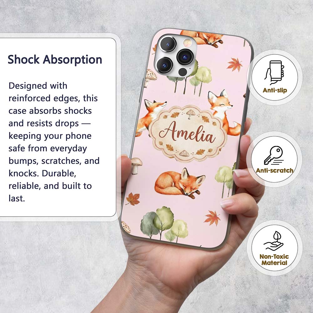Woodland Fox with Trees Leaves Mushrooms Soft Custom Name Protective Phone Case Mobile Cover Durable Everyday Smartphone Shock Resistant