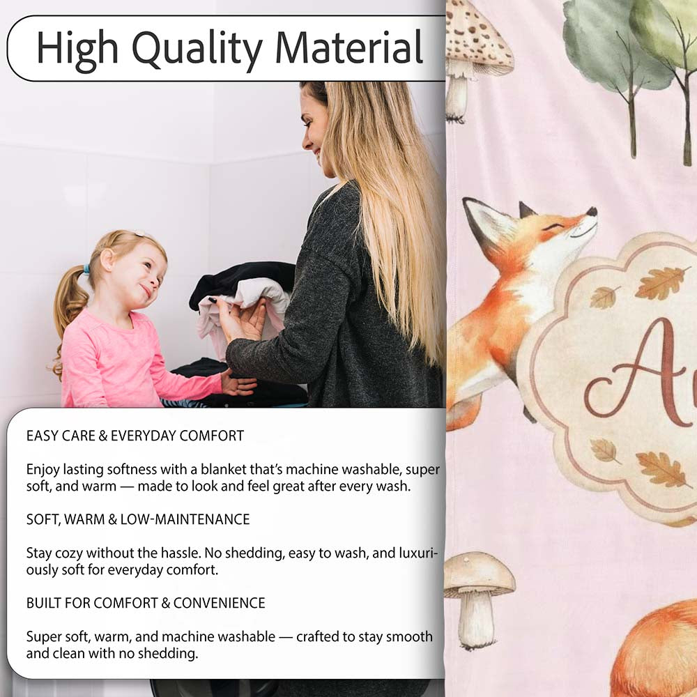 Woodland Fox with Trees Leaves Mushrooms Soft Blush Seamless Personalised Custom Name Super Soft Fleece Blanket Bed Sofa Throw