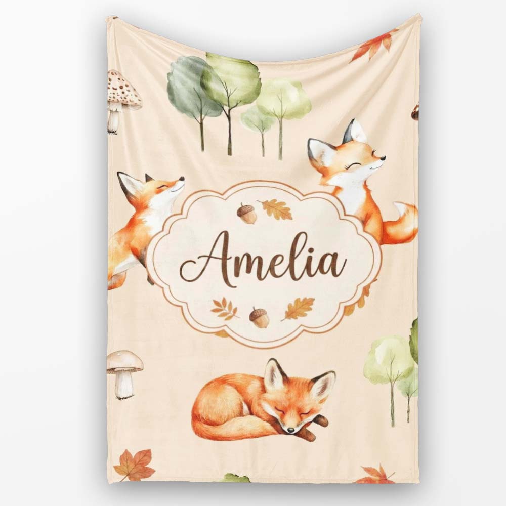 Woodland Fox with Trees Leaves Mushrooms Soft Beige Seamless Personalised Custom Name Super Soft Fleece Blanket Bed Sofa Throw