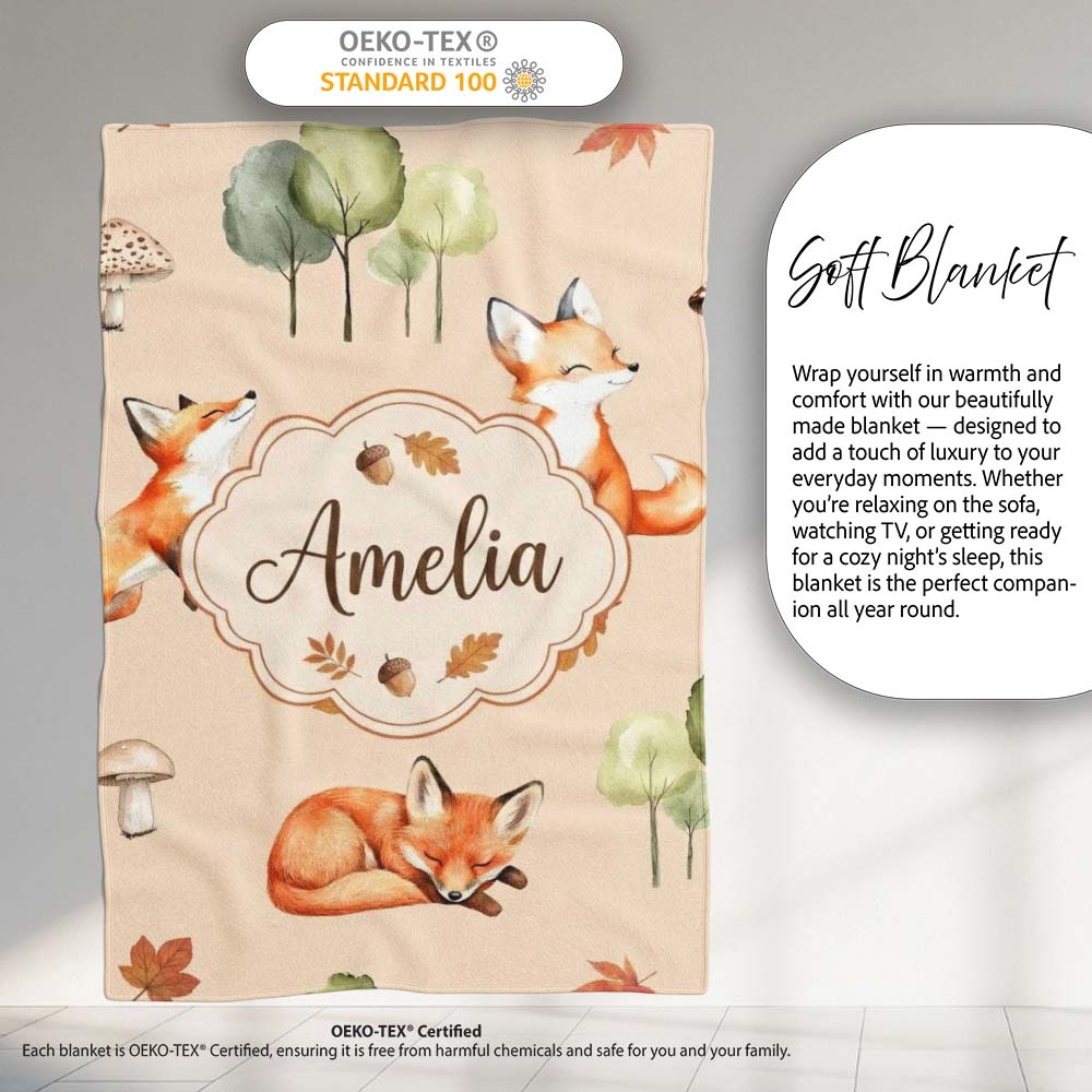 Woodland Fox with Trees Leaves Mushrooms Soft Beige Seamless Personalised Custom Name Super Soft Fleece Blanket Bed Sofa Throw